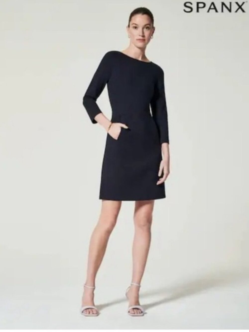Spanx Black Ponte Shift Dress Zip Sleeve Pockets Stretch NWT Medium
